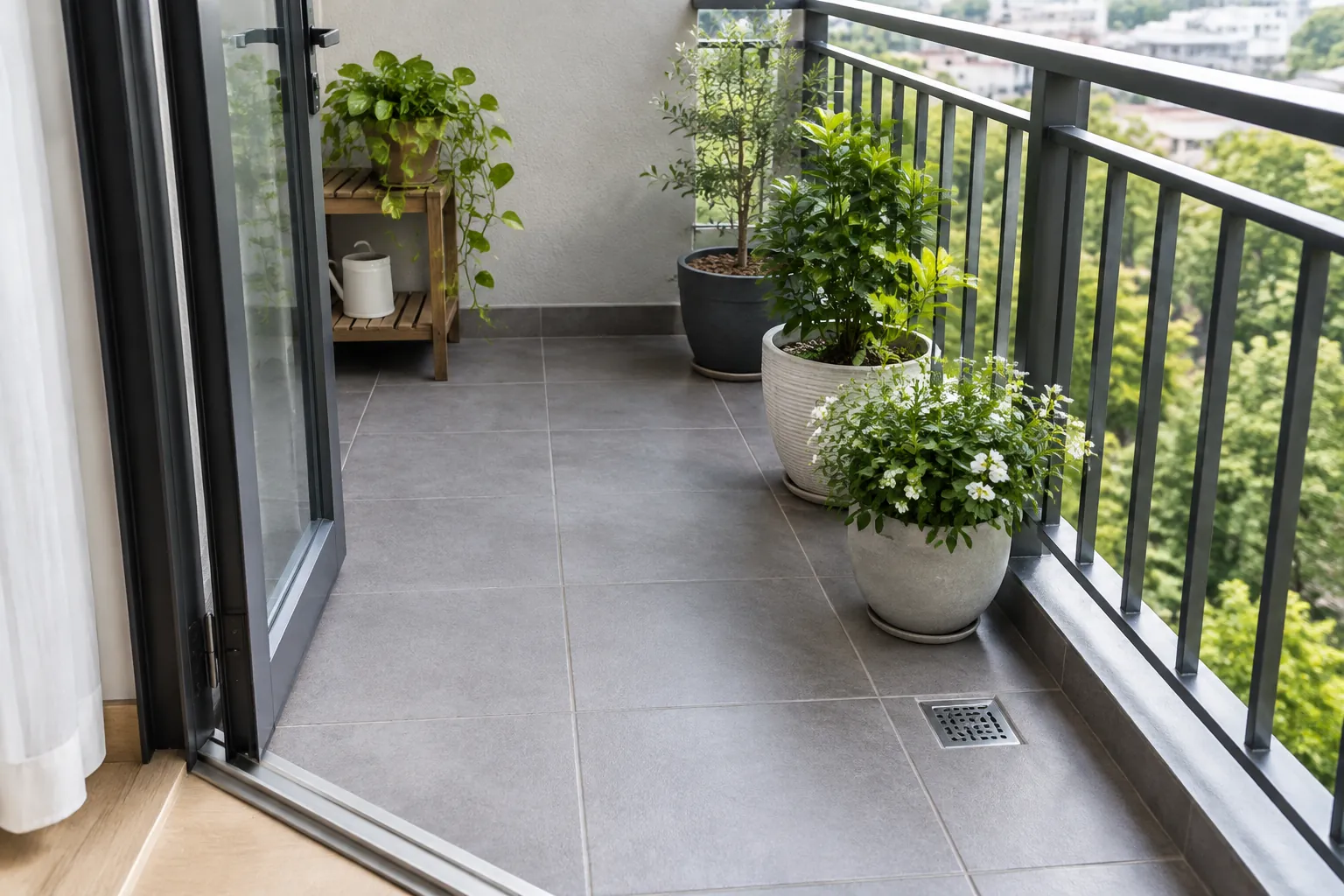 Tanaman pot di dekat pagar dan saluran air balkon