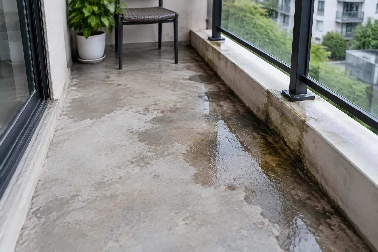 Lantai balkon basah di dekat pagar kaca