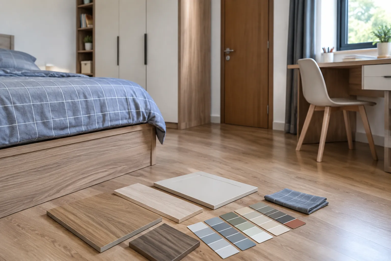 Sampel bahan dan warna lantai di depan kamar remaja