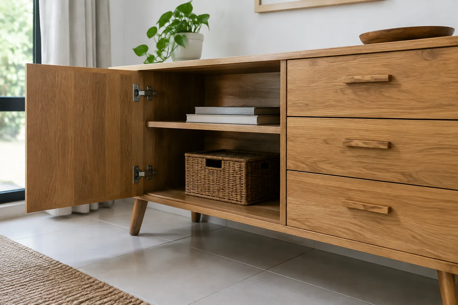 Kabinet kayu dengan pintu dan laci terbuka