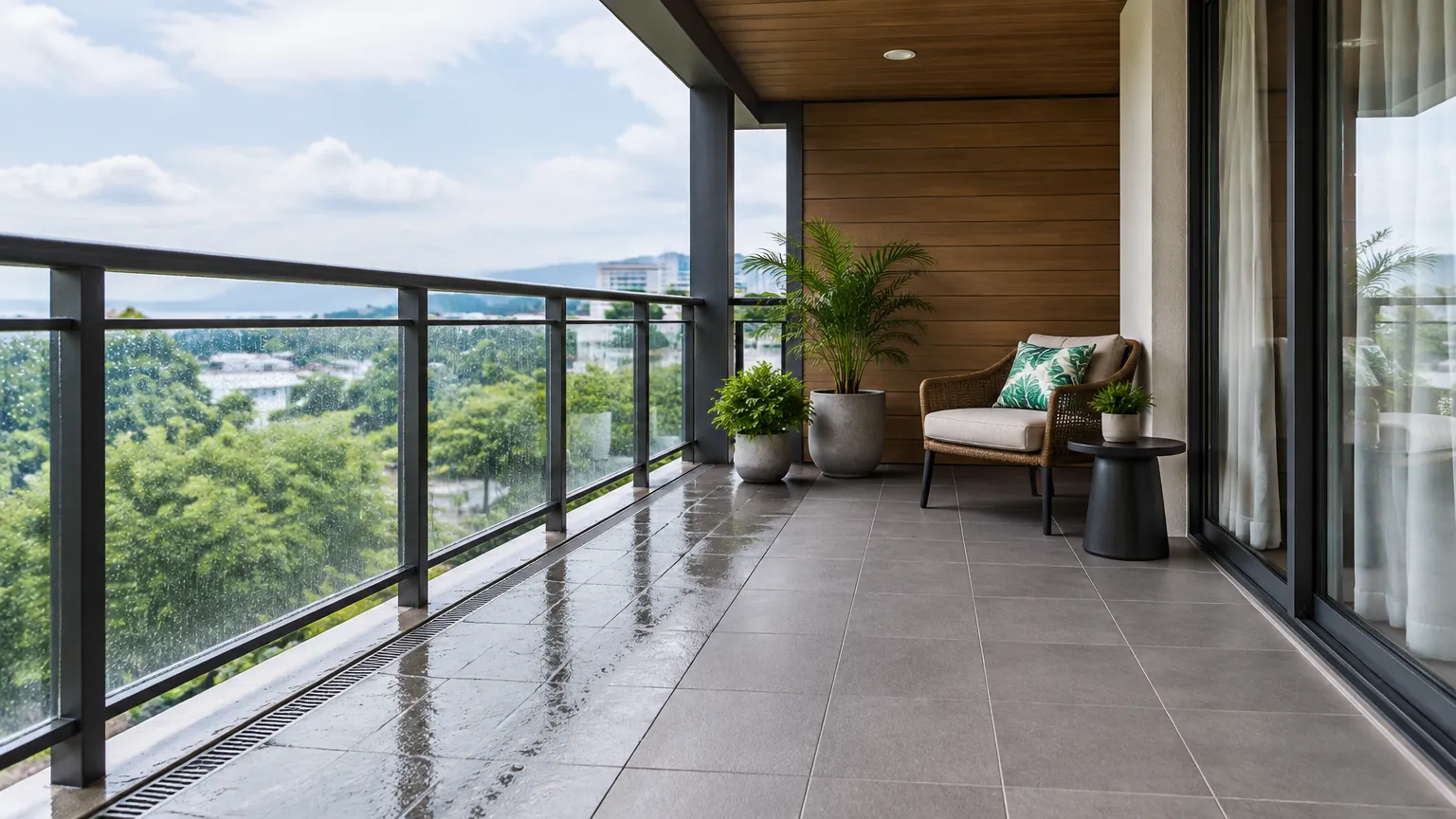 Balkon tropis dengan lantai basah dan railing kaca