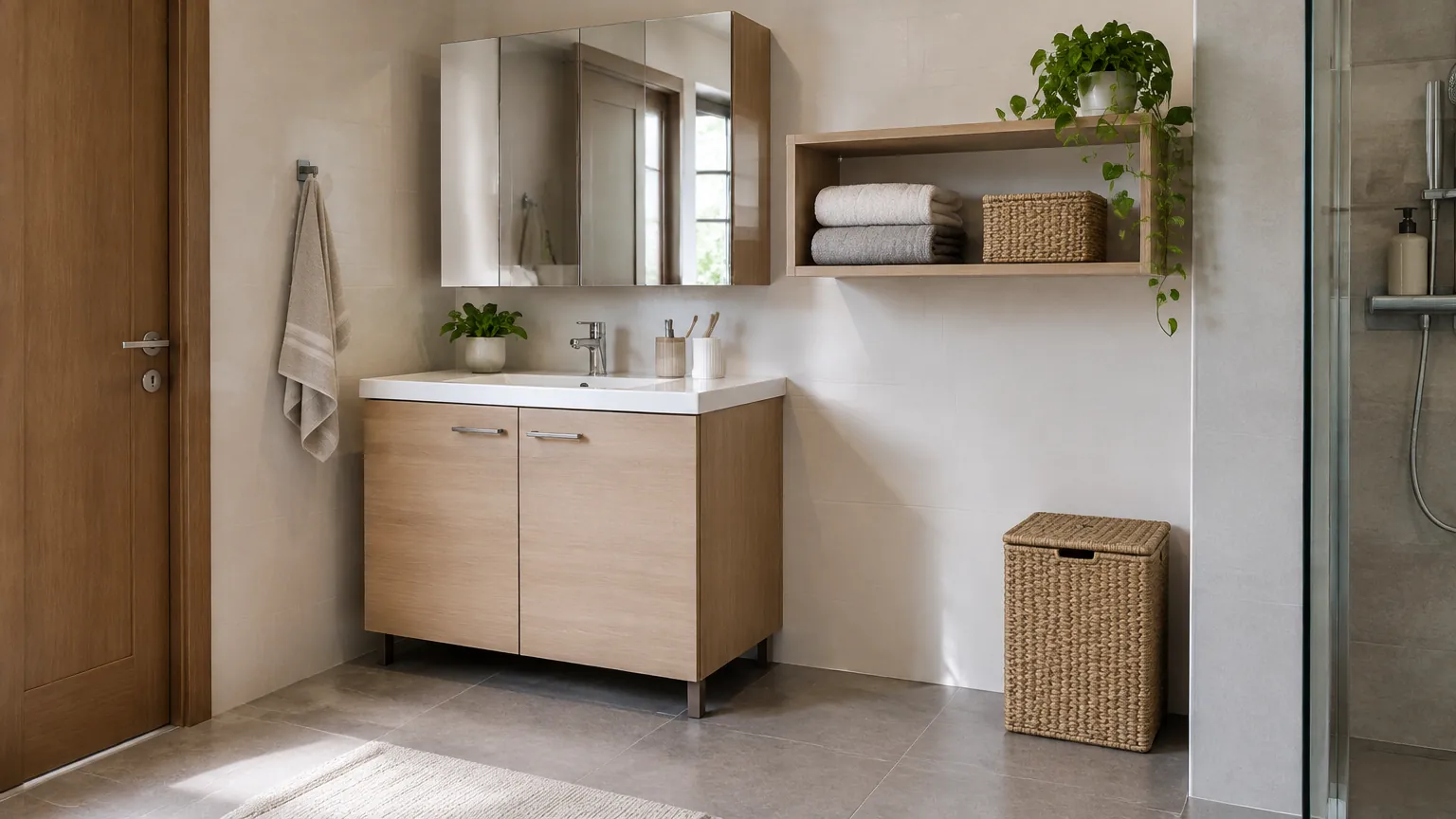 Kabinet wastafel, kabinet cermin, rak terbuka dan keranjang di kamar mandi.
