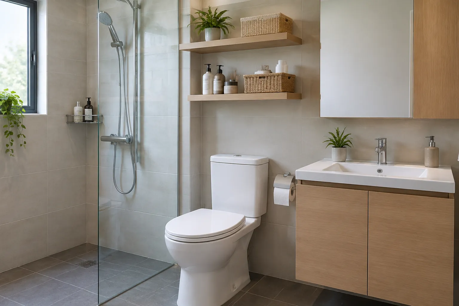 Kamar mandi dengan area shower, toilet, dan wastafel