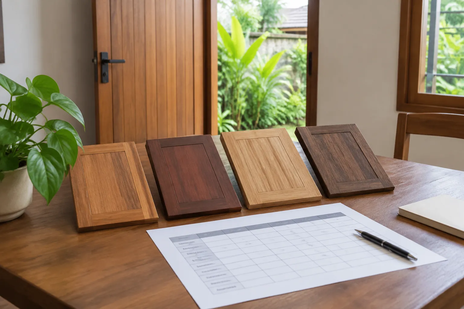 Beberapa contoh bahan pintu kayu di atas meja dengan lembar perbandingan