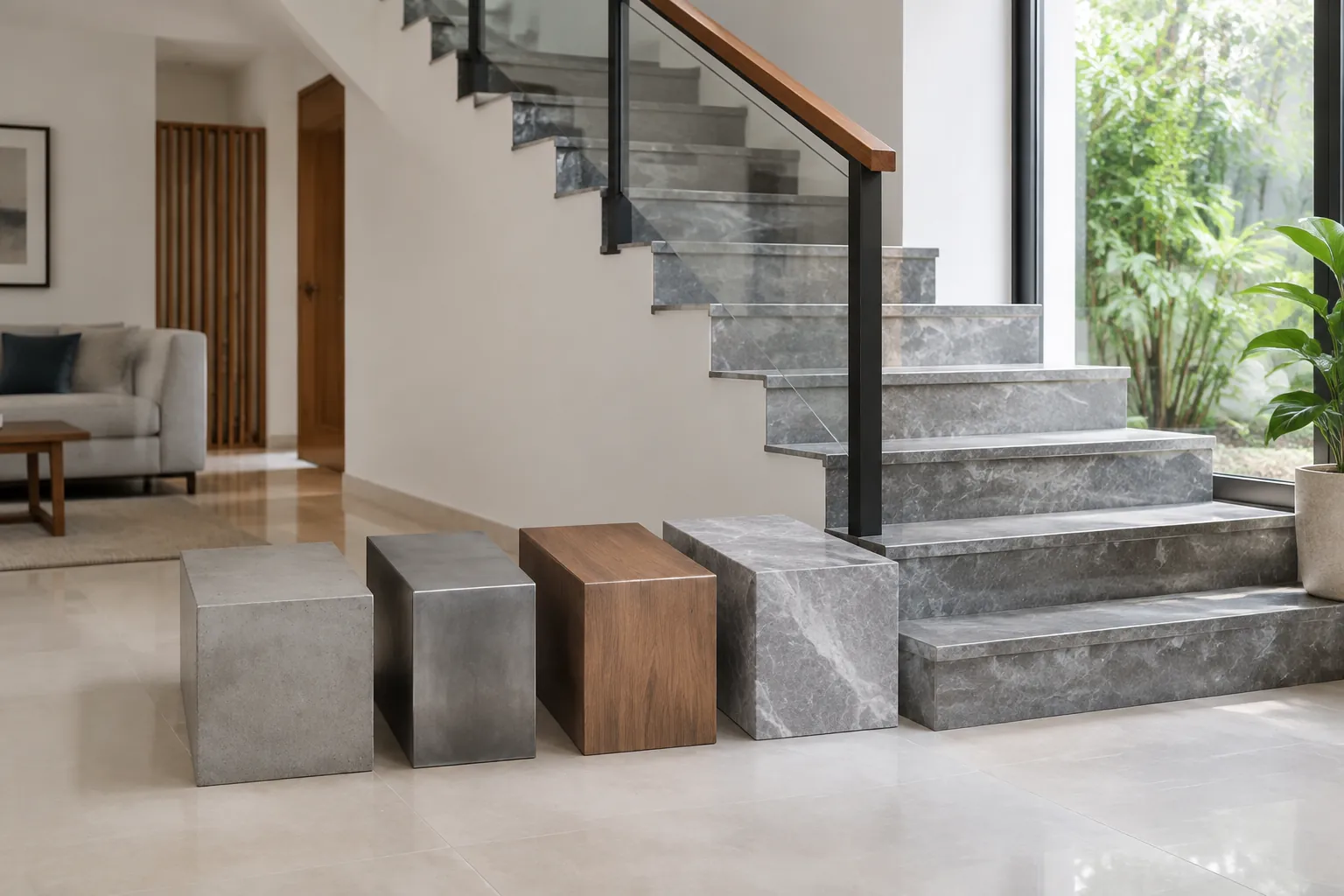 Contoh beberapa bahan dibandingkan di kaki tangga beton