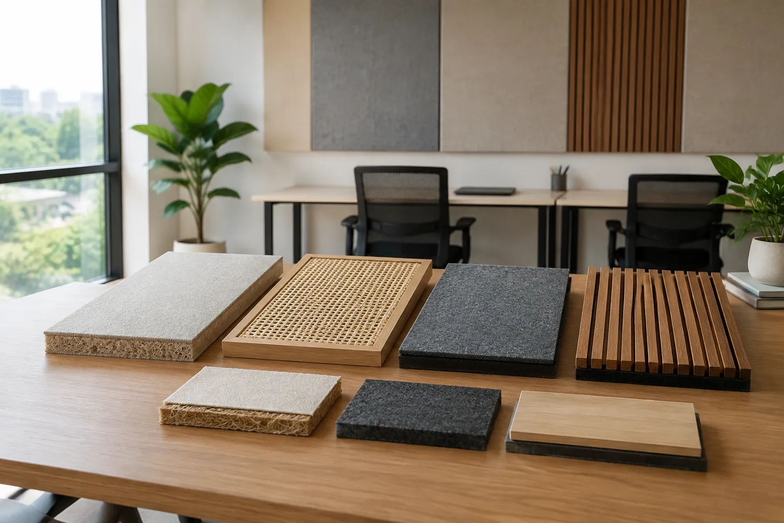 Contoh panel kain, bilah kayu dan bahan padat dibandingkan di meja