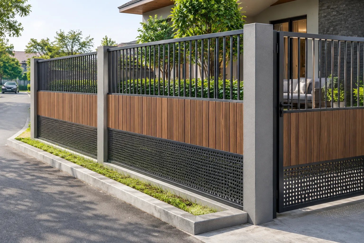 Pagar besi dan panel kayu membatasi halaman rumah