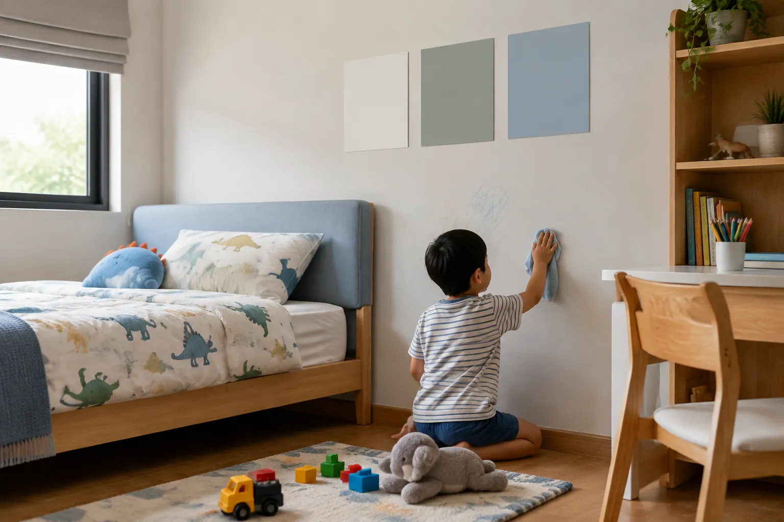 Anak menyentuh contoh warna pada dinding kamar