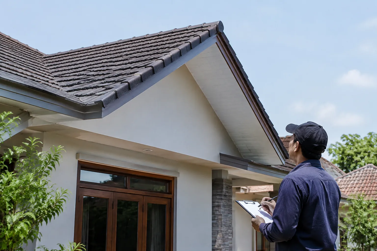 Pemeriksa mencatat kondisi atap miring dari halaman