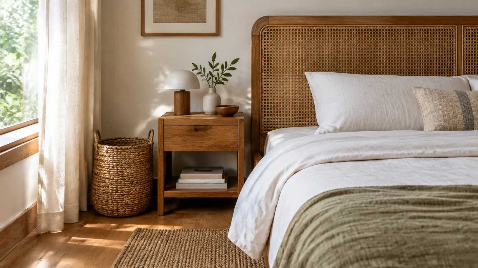 Kepala tempat tidur anyaman, nakas kayu dan keranjang dengan tekstil polos.