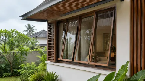 Jendela bukaan samping di bawah atap rumah dengan kisi kayu