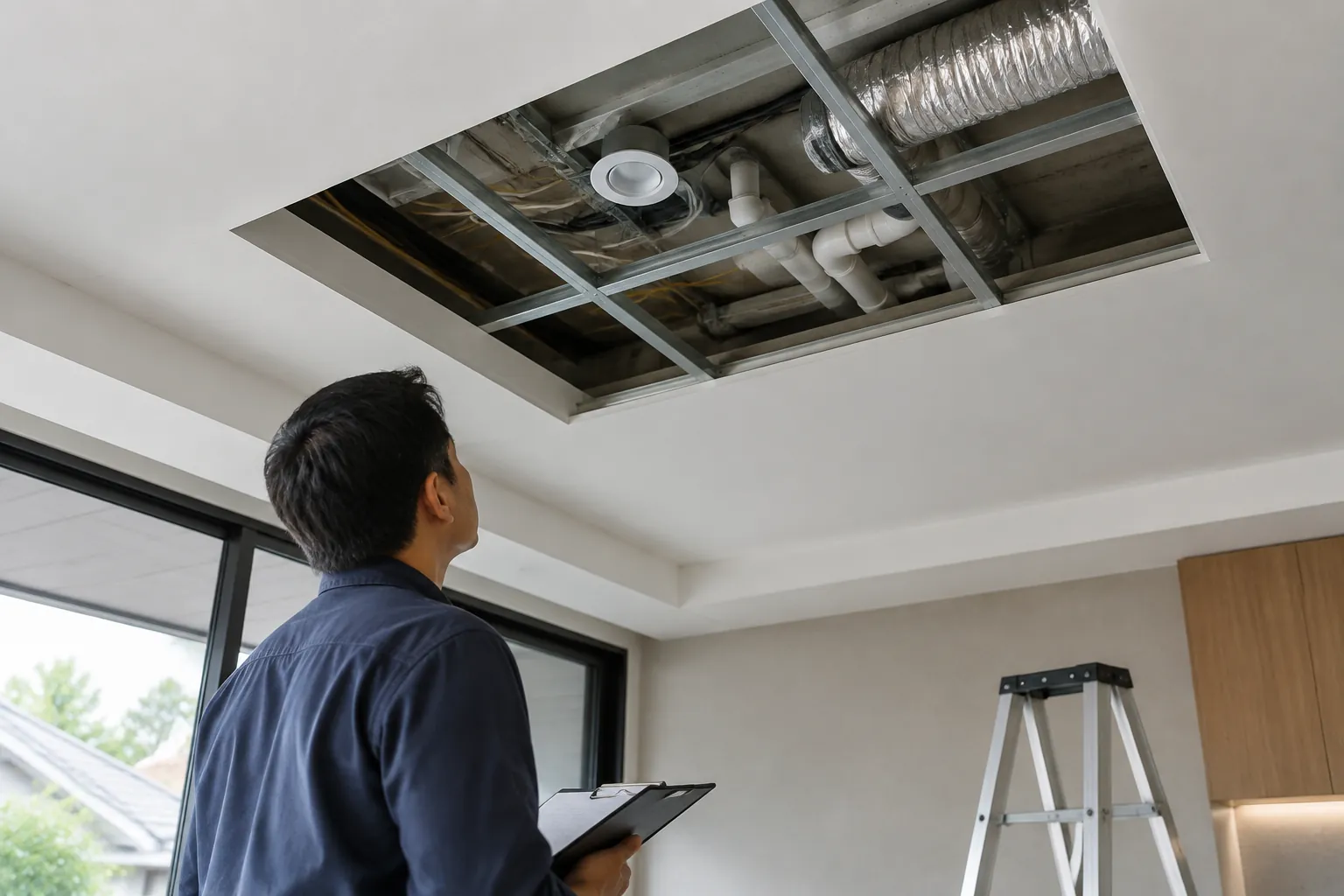 Pekerja memeriksa bukaan panel servis di plafon