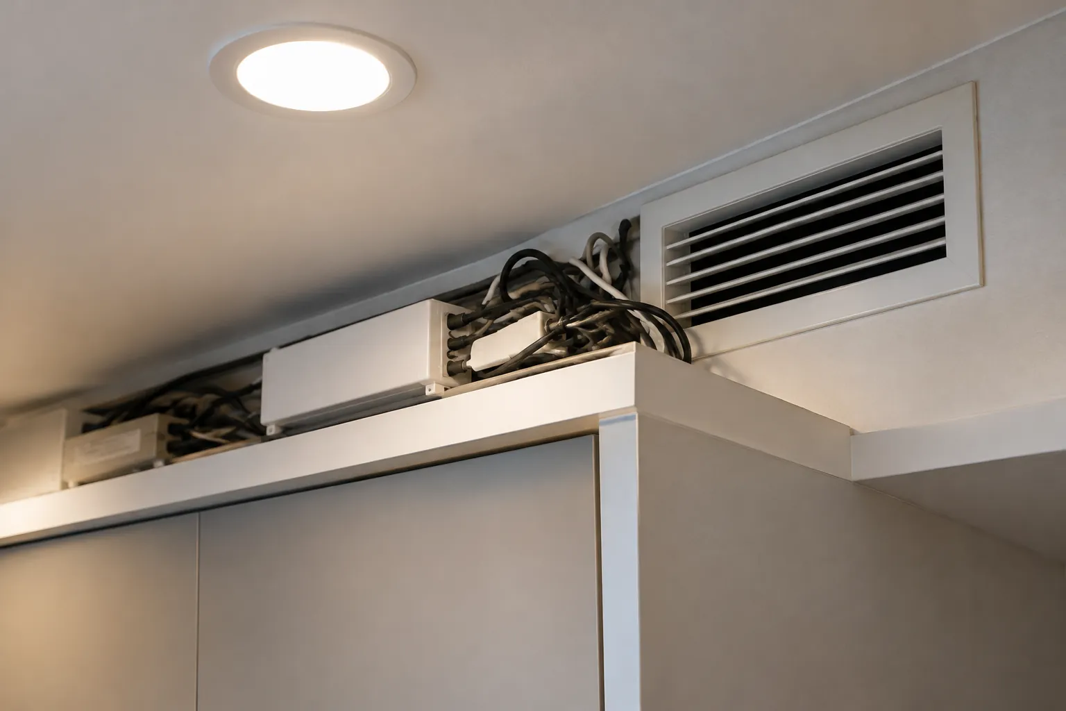 Kabel lampu terbuka di dekat kisi ventilasi