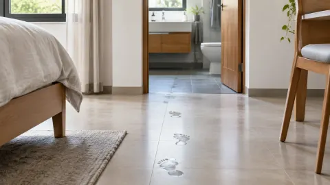 Lantai rumah dengan jejak basah menuju kamar mandi