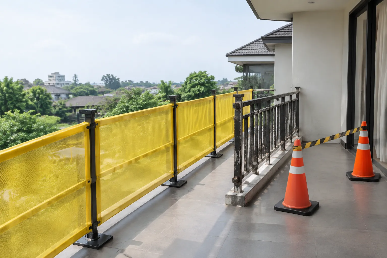 Pembatas sementara menutup tepi balkon selama pekerjaan pagar
