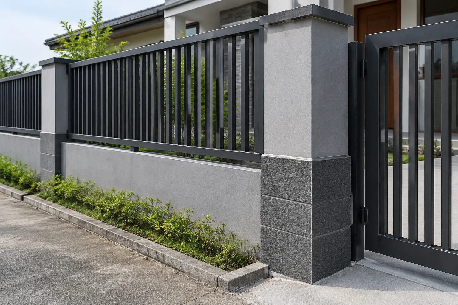 Pagar logam hitam dengan gerbang pada batas rumah