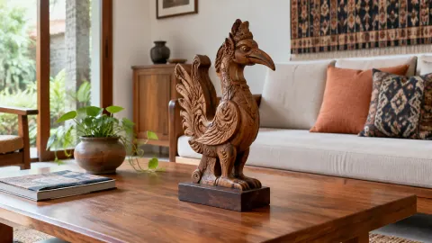 Ornamen ukiran kayu di atas meja ruang tamu