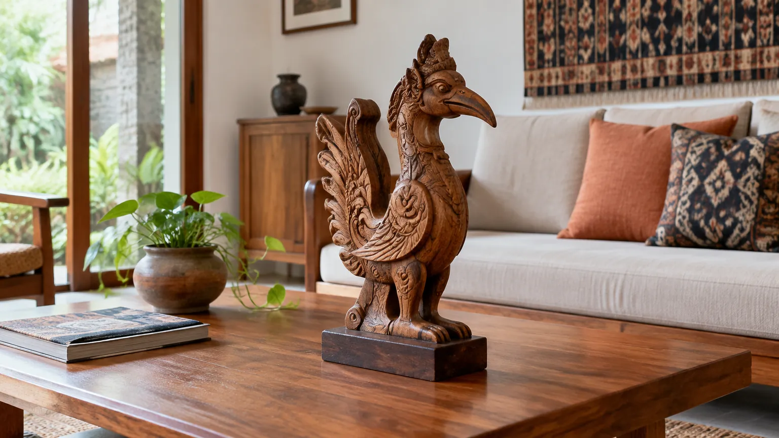 Ornamen ukiran kayu di atas meja ruang tamu