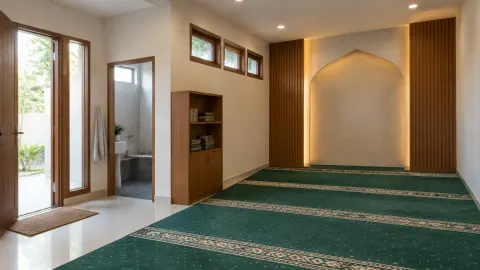 Ruang mushola dengan karpet hijau dan ceruk arah ibadah