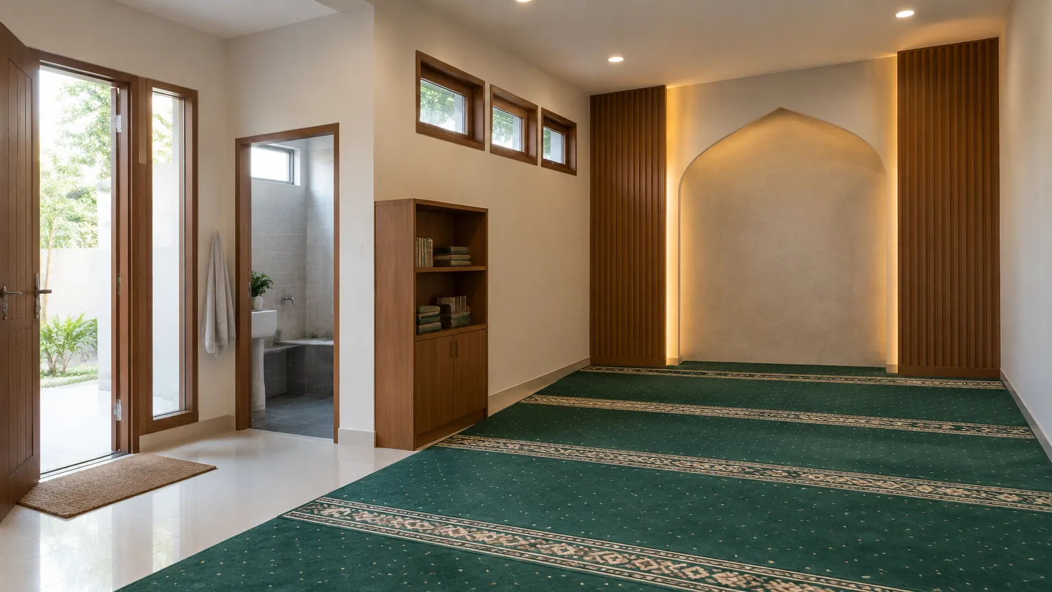 Ruang mushola dengan karpet hijau dan ceruk arah ibadah