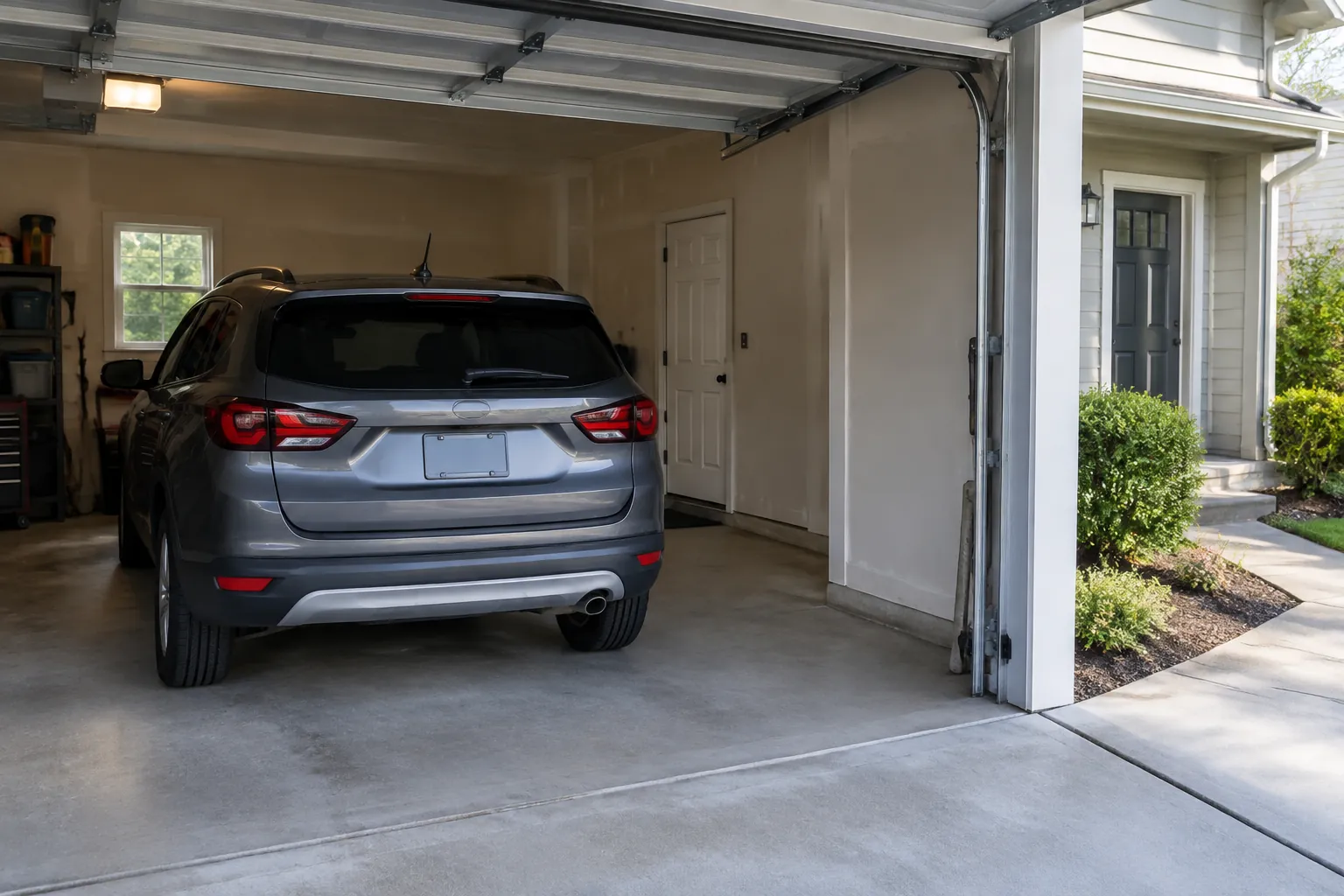 Mobil terparkir di garasi rumah yang terbuka
