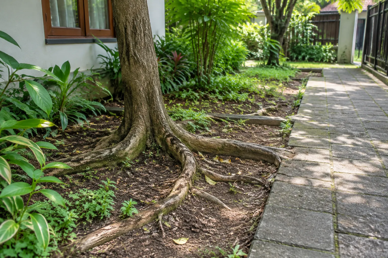 Akar pohon pada tanah taman di dekat rumah