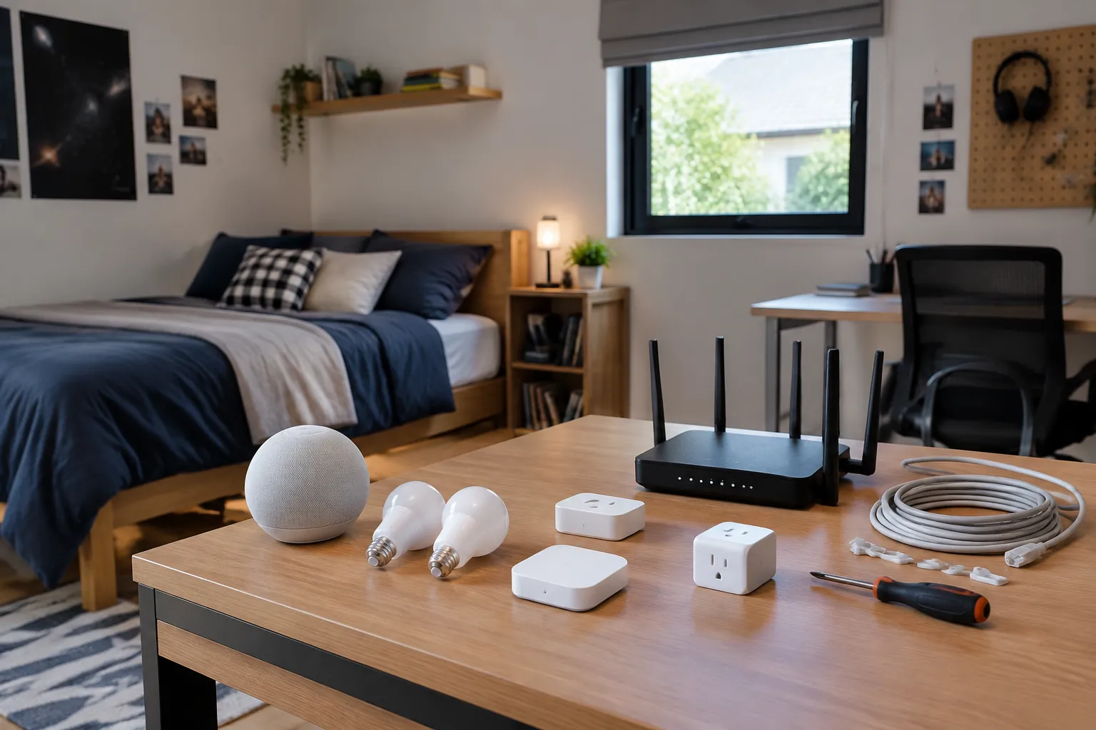 Router, lampu dan perangkat kendali rumah pintar diletakkan di meja kamar