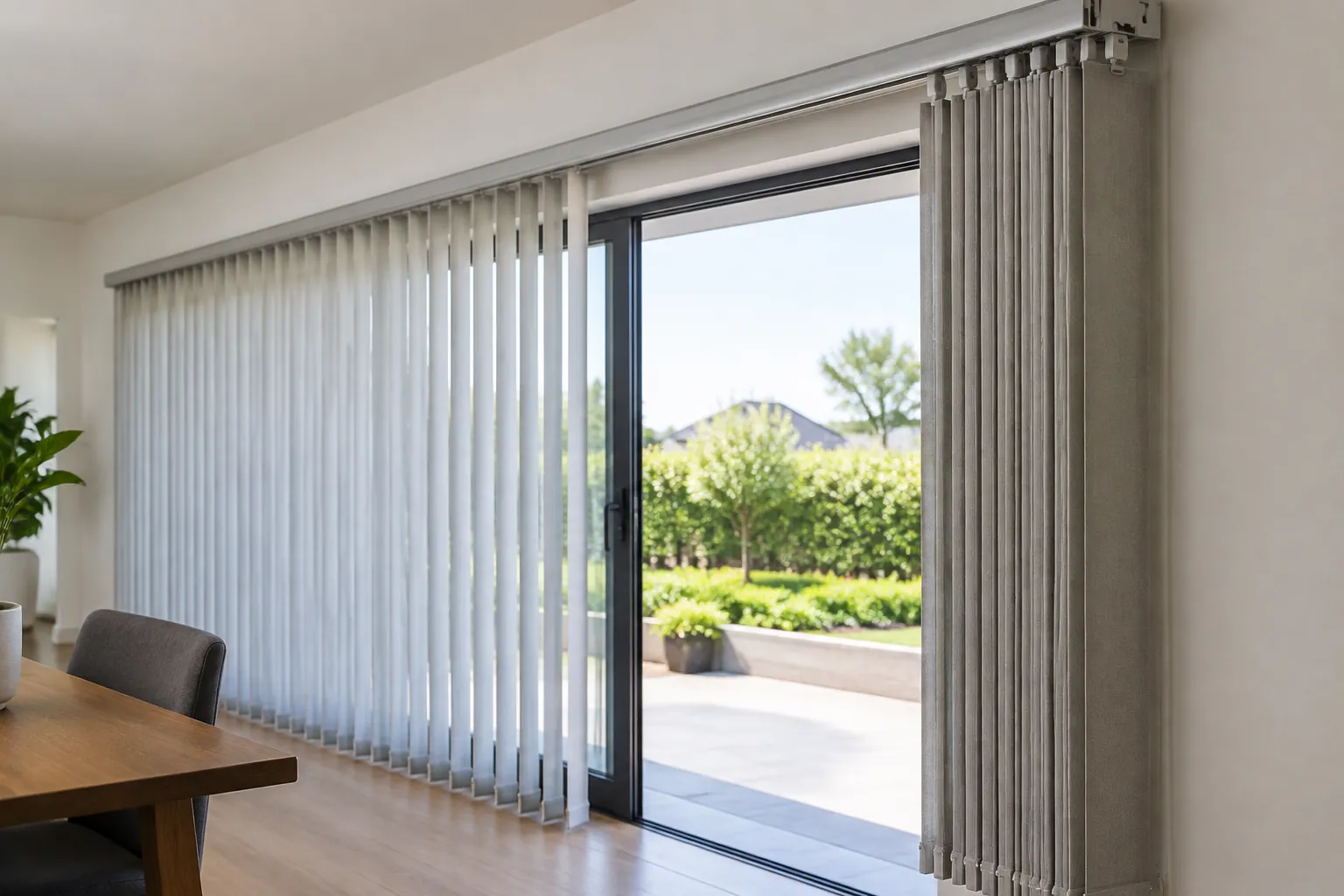 Vertical blind putih pada pintu kaca ruang makan