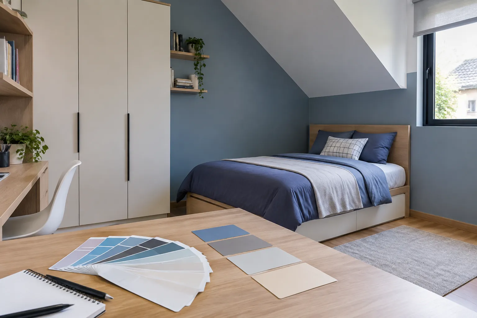 Kamar remaja dengan dinding miring dan sampel warna