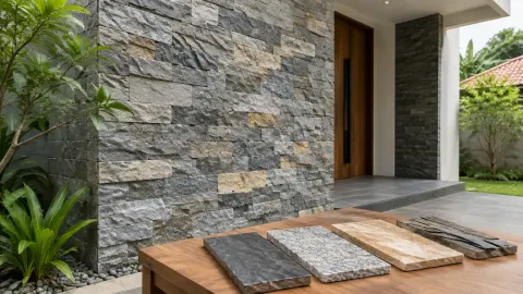 Dinding luar berlapis batu alam dengan sampel material di meja