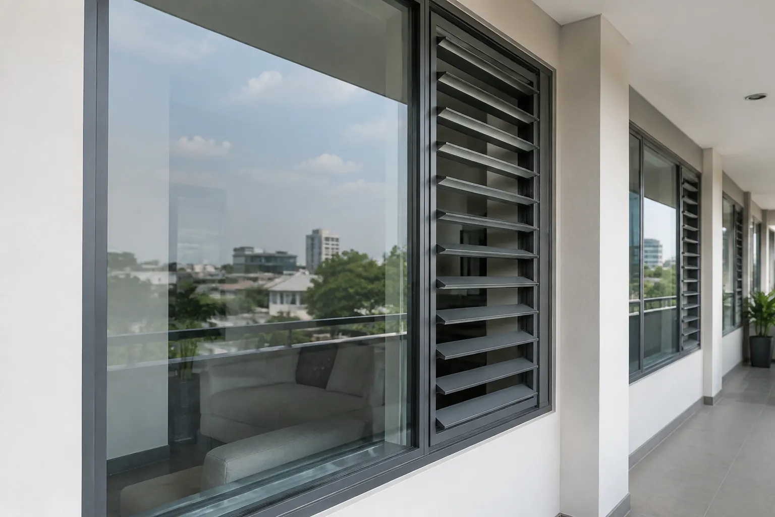 Bidang kaca tetap di samping kisi ventilasi pada fasad