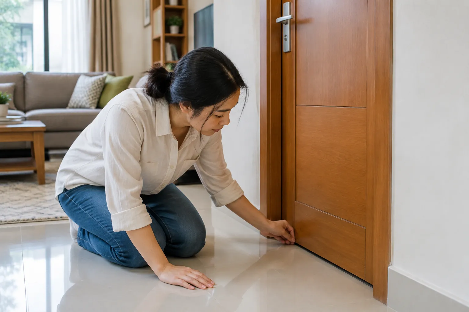 Orang memeriksa celah bawah pintu.
