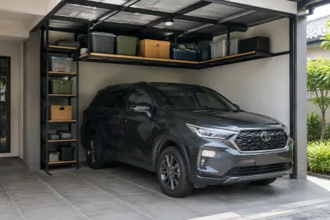 Rak berisi kotak penyimpanan di atas area parkir mobil.