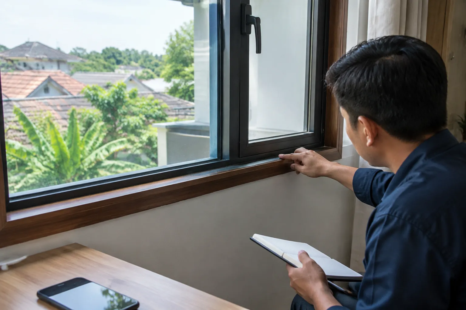 Seseorang memeriksa tepi jendela logam yang terbuka