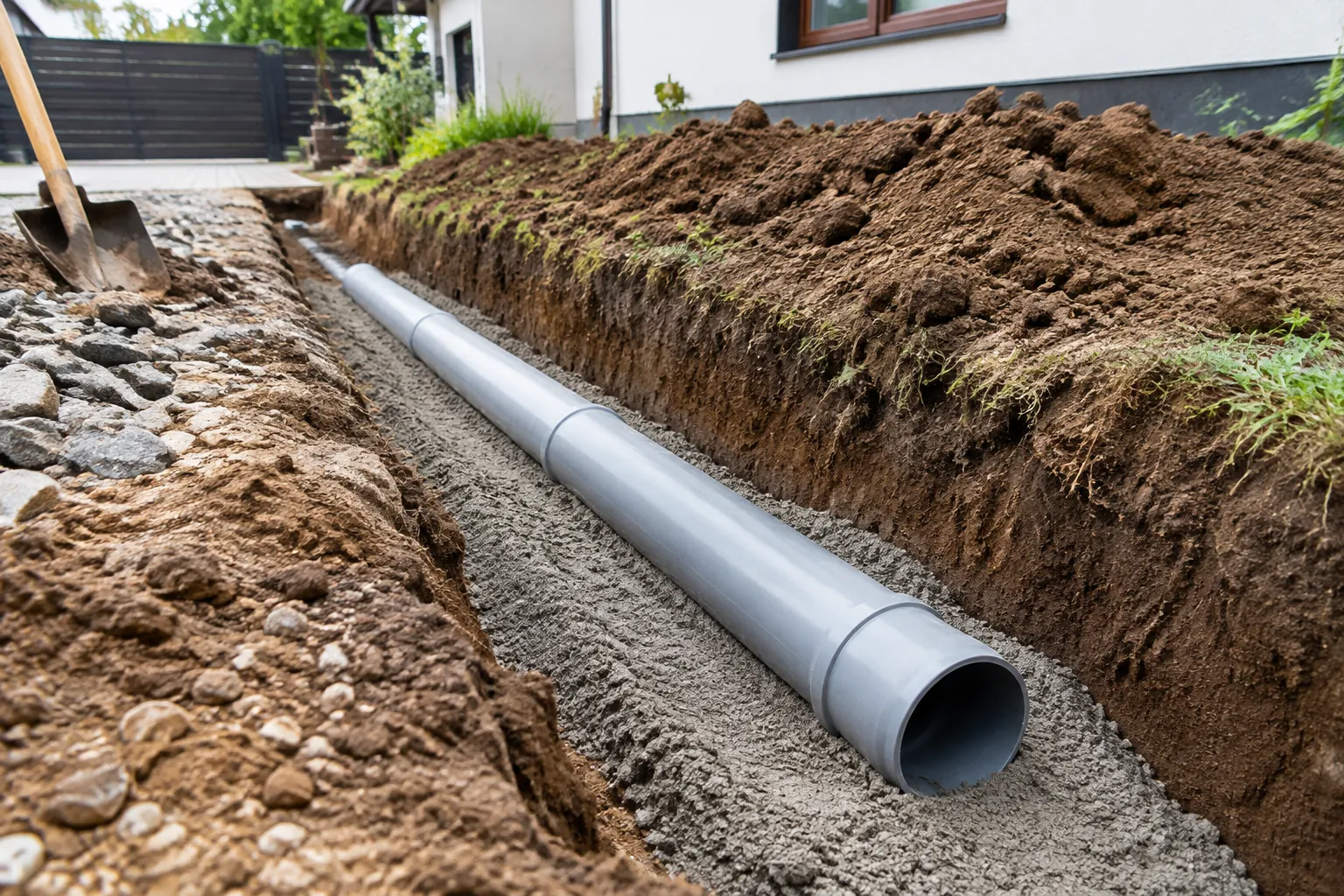 Pipa drainase terbuka berada di atas dasar galian berbatu