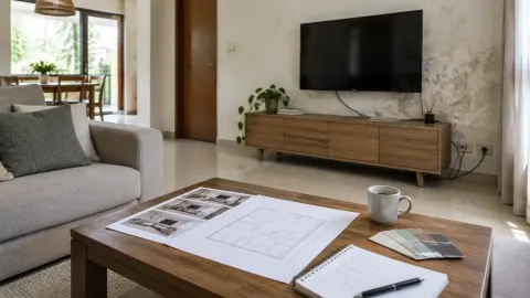 Gambar rencana di meja ruang keluarga dekat televisi