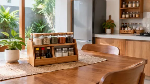 Rak bumbu di atas meja makan dekat dapur