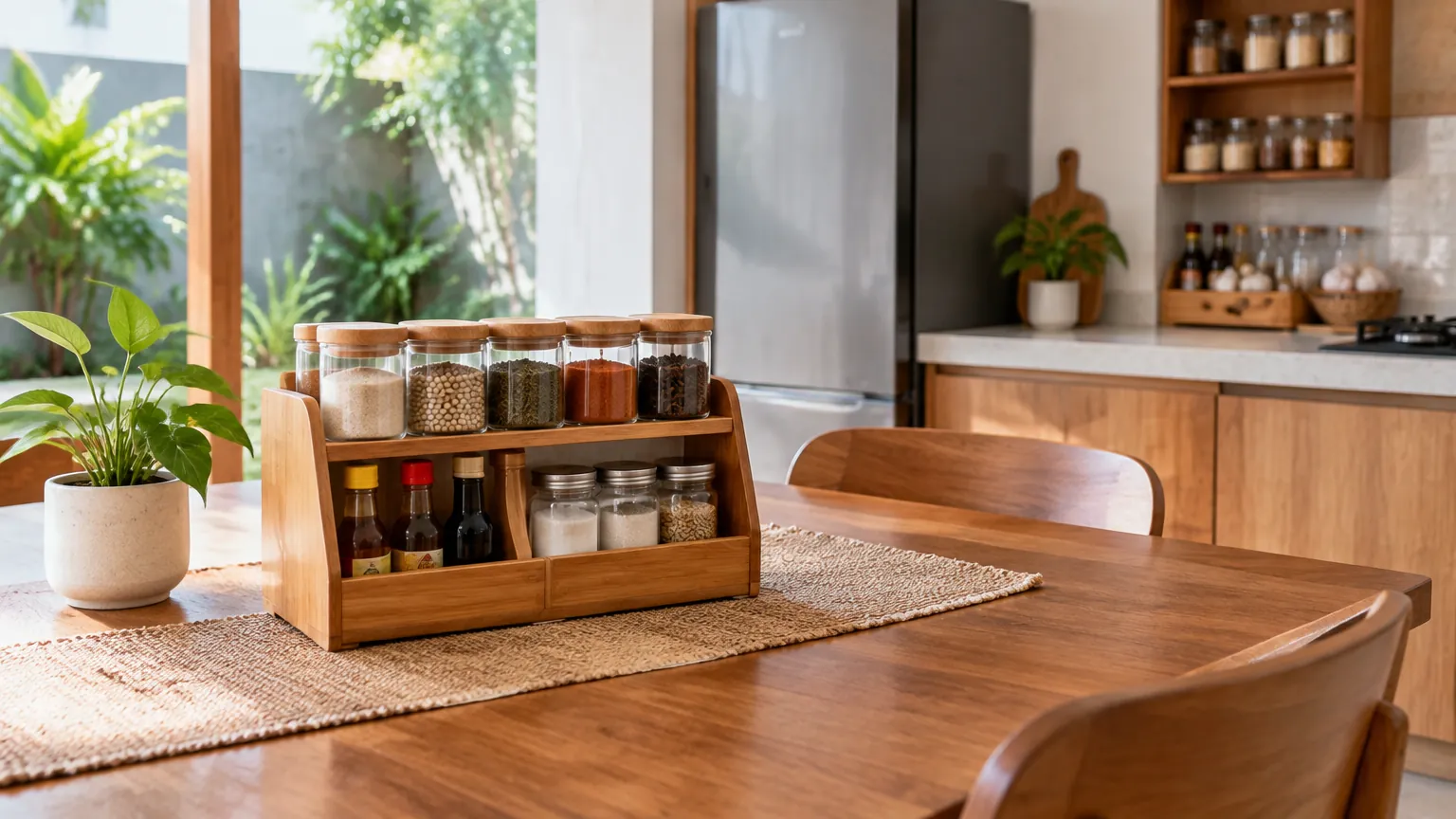 Rak bumbu di atas meja makan dekat dapur