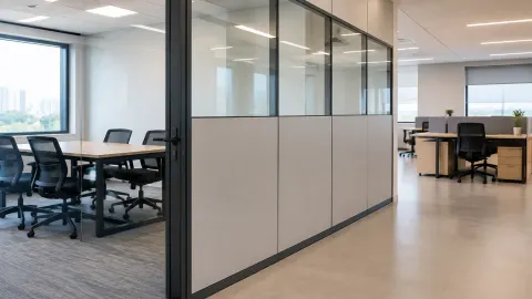 Partisi kaca dan panel padat membagi ruang kantor