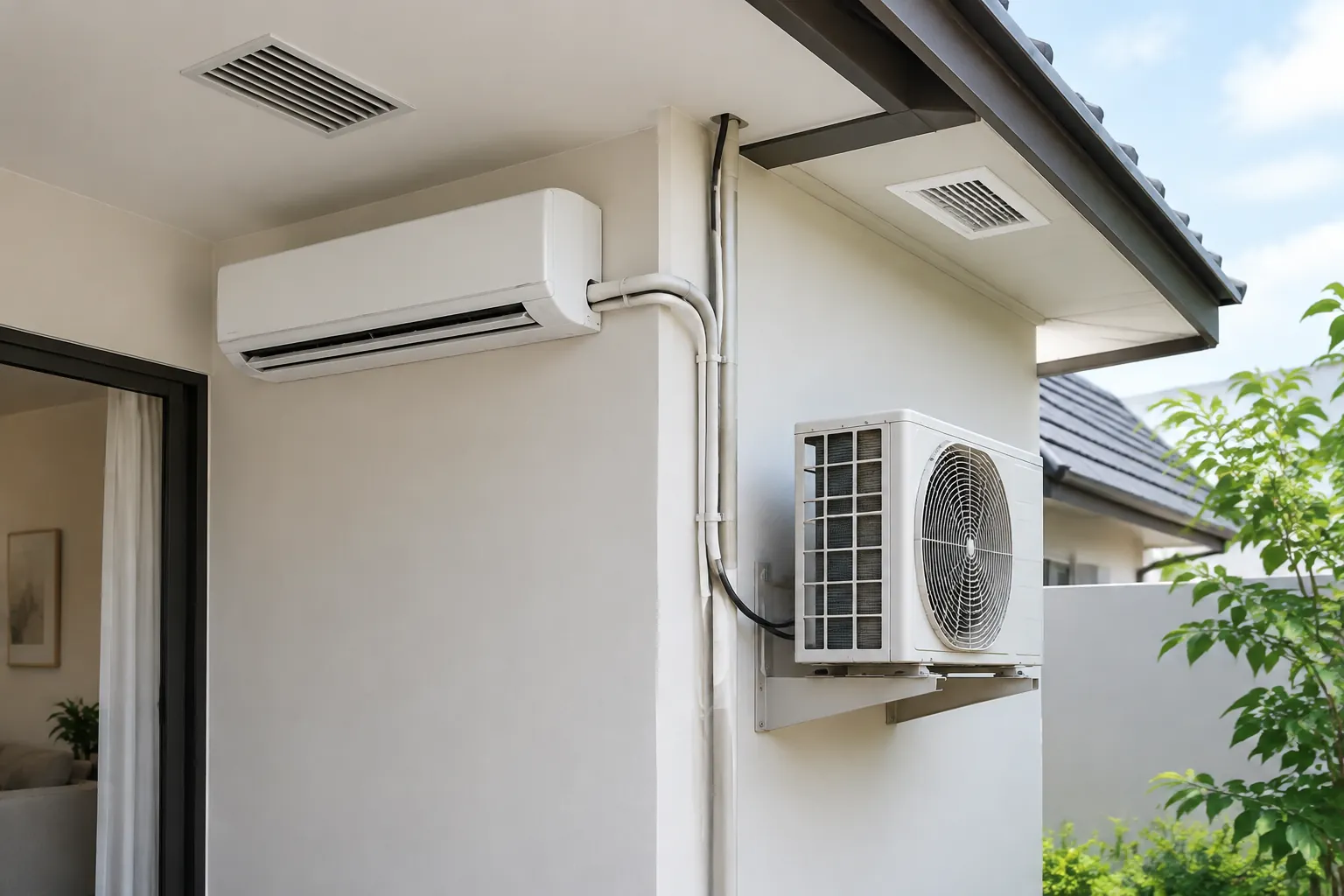 Unit AC luar berada di bawah tepi atap dekat unit dalam