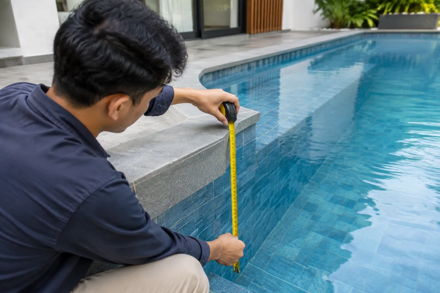Pita ukur pada tepi kolam.