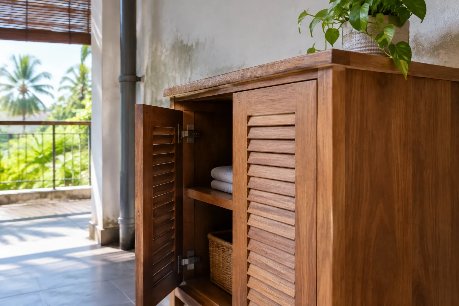 Kabinet kayu dengan pintu kisi pada teras terbuka