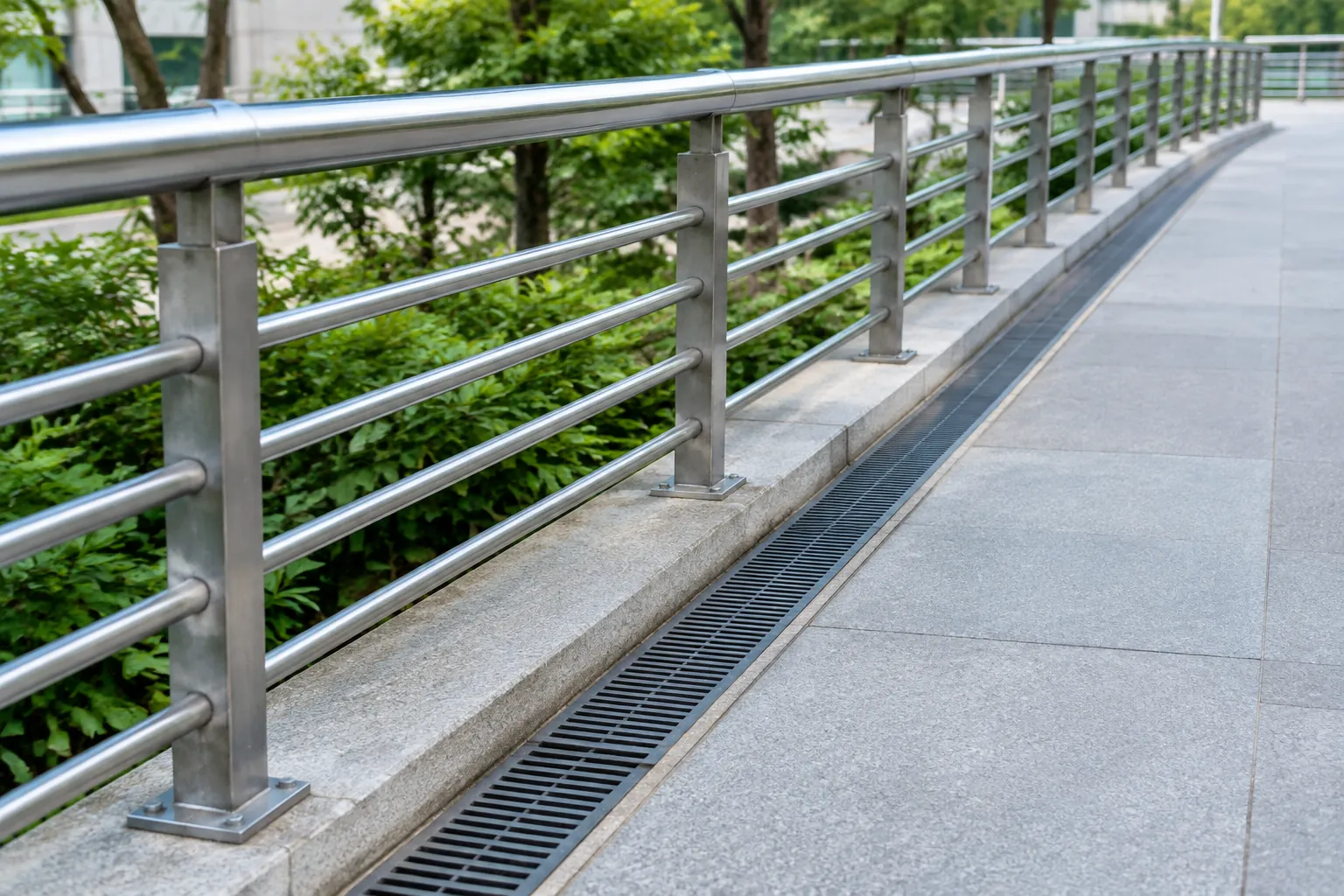 Railing logam di dekat saluran air teras