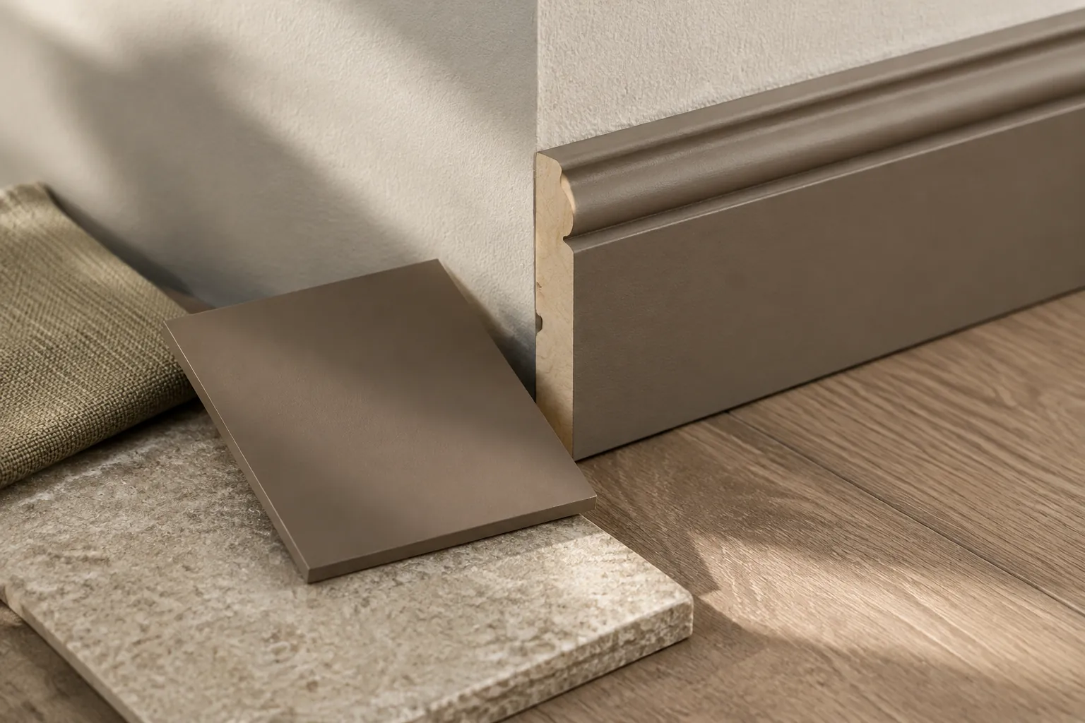 Sampel trim warna hangat di dekat lantai kayu