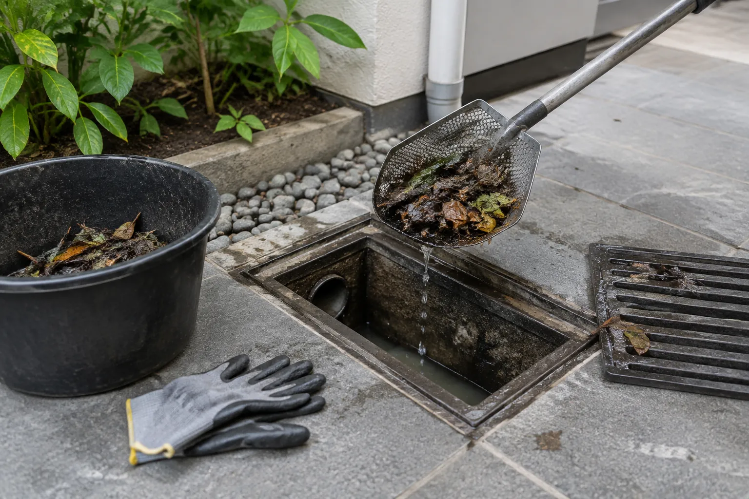 Daun dan lumpur diangkat dari bak kontrol drainase