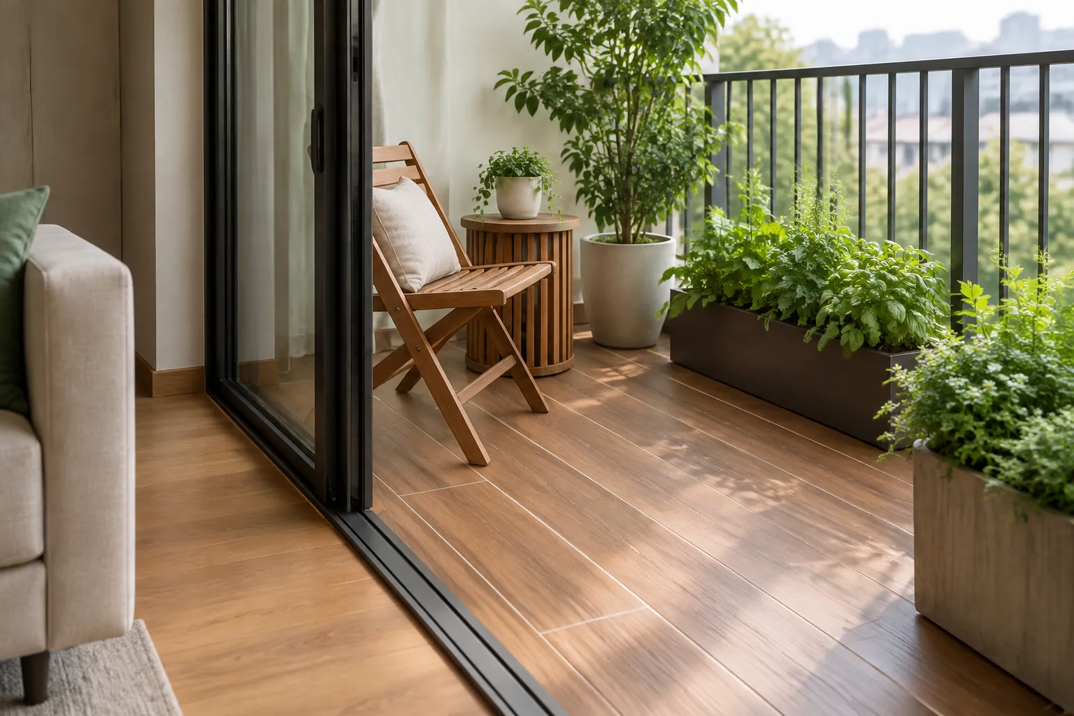 Kursi kayu dan tanaman pot pada balkon kecil