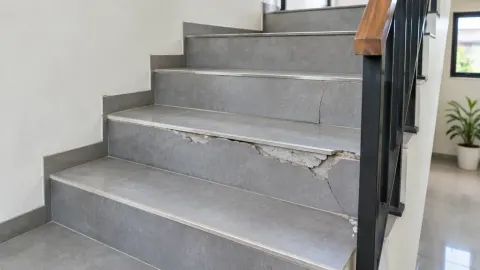 Tepi beberapa anak tangga beton tampak terkelupas