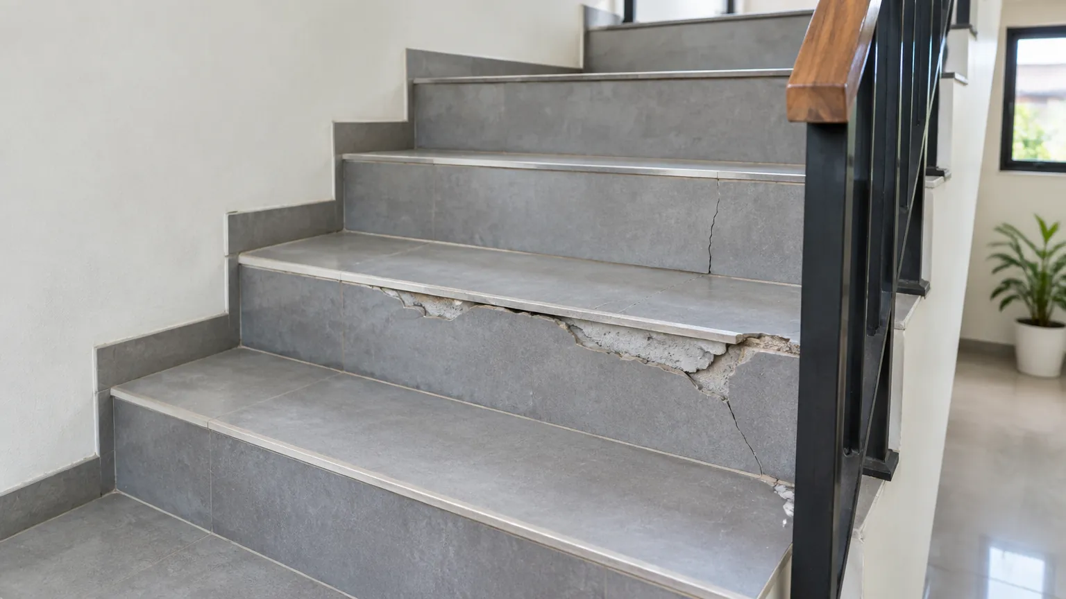 Tepi beberapa anak tangga beton tampak terkelupas