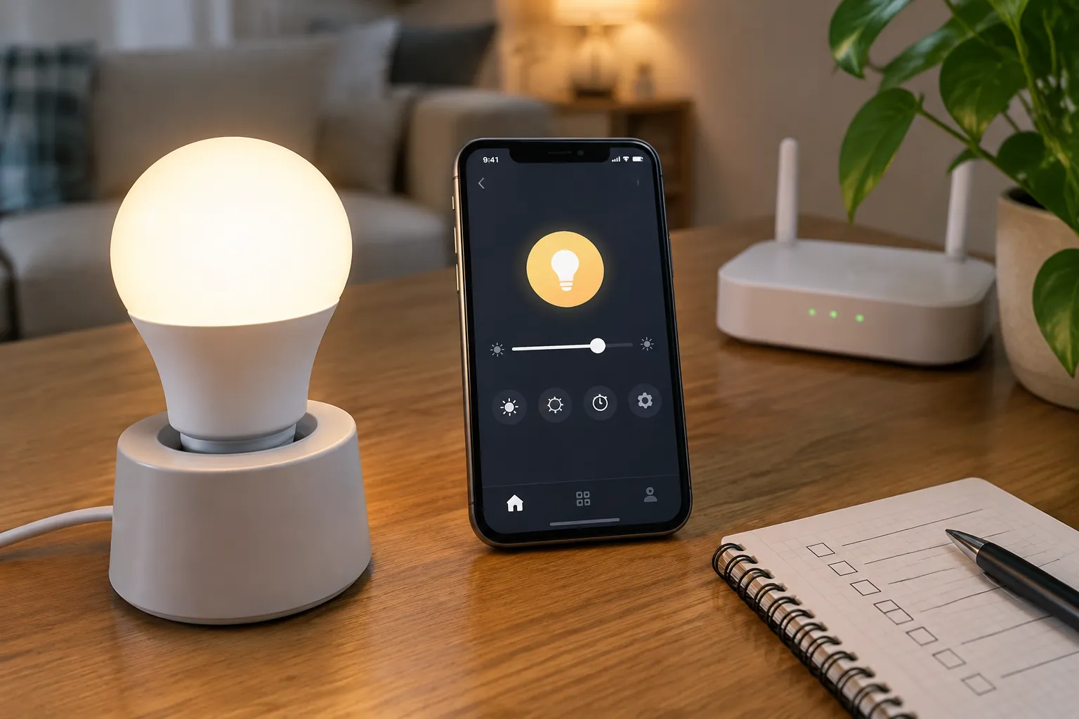 Lampu pintar dan ponsel di meja