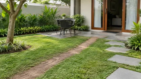 Taman rumah dengan jalur pijakan dan area duduk